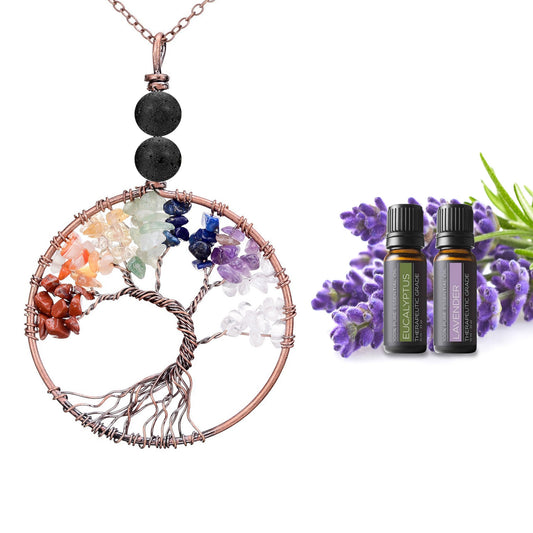 Tree of Life Lave Chakra Necklace with 2-Pack Essential Oils