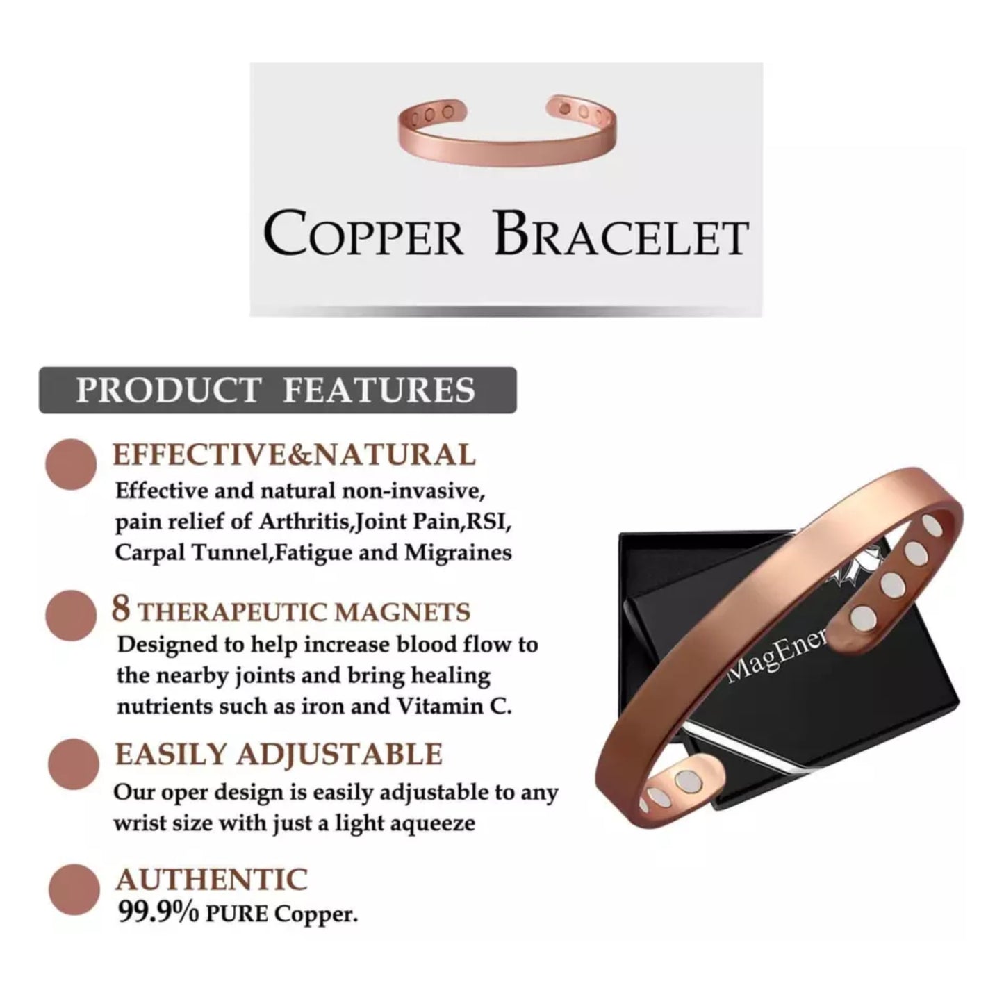 Adjustable Copper Magnetic Therapy Bracelet