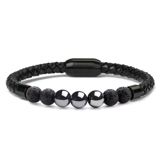 Men's Natural Healing Stone Leather Bracelet with Magnetic Closure